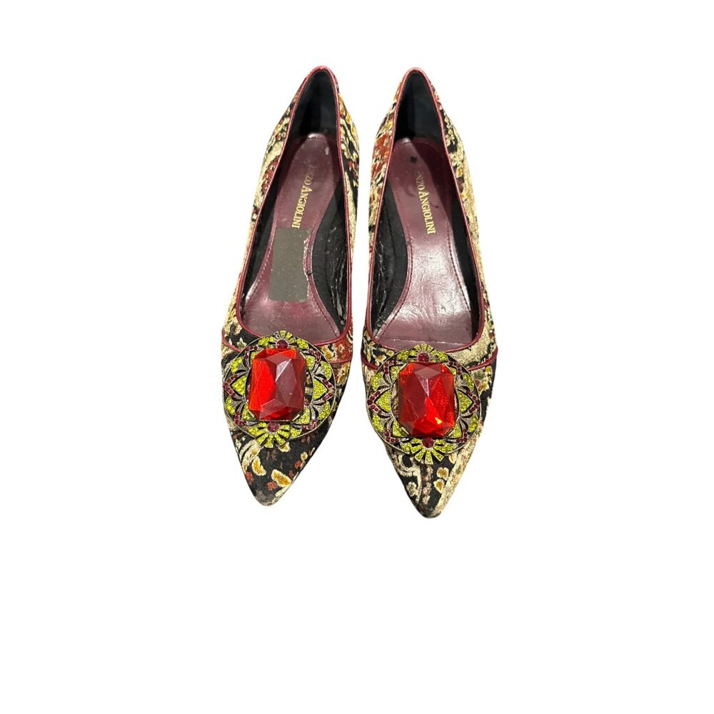 Vintage Womens Baroque-Style Embroidered Kitten Heel Shoes W/ Red Gem Embellishm